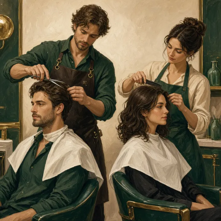 Painting of two stylists cutting hair